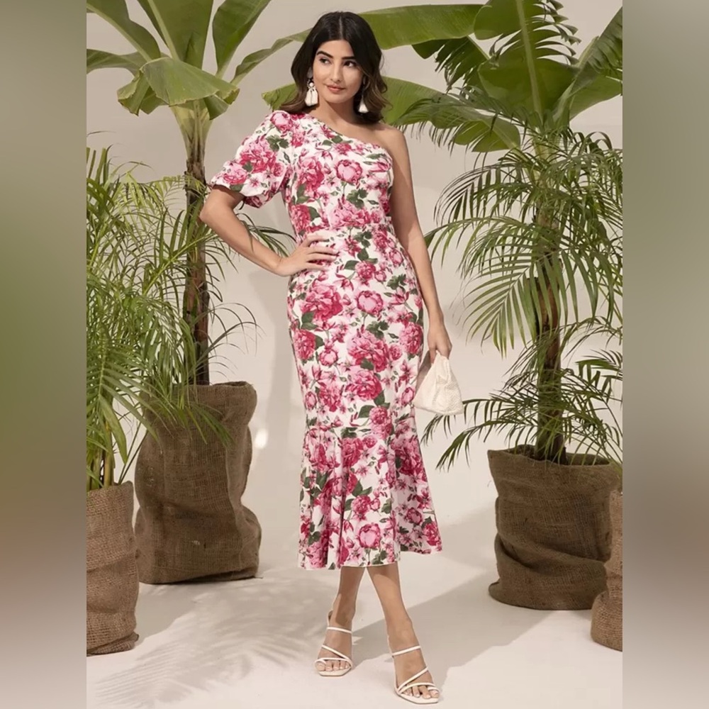 Pink and Red Asymmetrical One Shoulder Puff Sleeve Dress